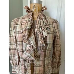 Lauren ralph lauren plaid ruffle front button down shirt peach cream S Petite